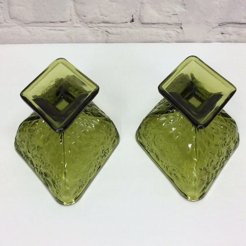 Vintage Indiana Glass Olive Green Diamond Shape Pedestal Candy Dish Bowl Set 2